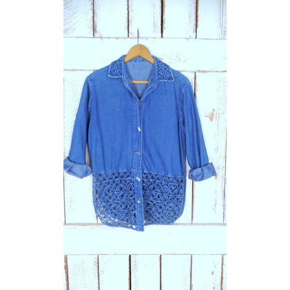 Vintage blue cotton denim button down ribbon cut out shirt/chambray button down - Picture 2 of 6